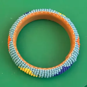 Native Hand-Beaded Turquoise Bracelet with Colorful Accents leather interior thumbnail 1