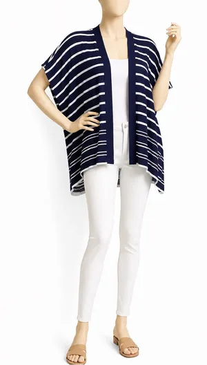 LOFT Kimono Nautical Navy and White Striped Open-Front Cardigan thumbnail 1