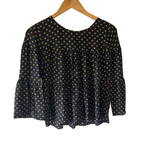 MADEWELL Silk Tiered Button-Back Top Heart Flip Black Gold 3/4 Sleeve Blouse siz thumbnail 6