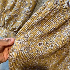 Floral Midi Dress Yellow Ruched Front Pleated Skirt Cottagecore Indie Feminine M thumbnail 4