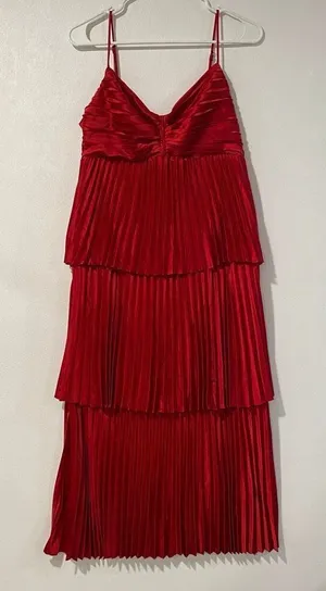 VICI Red Pleated Tiered Midi Dress Medium Spaghetti Strap Party Dress thumbnail 1