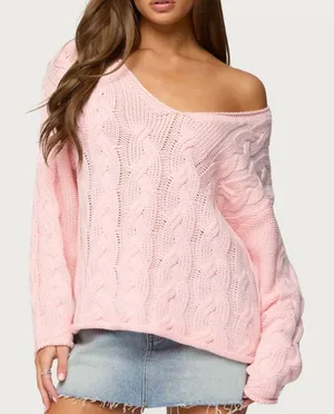 Edikted Inga Pink Off-The-Shoulder Sweater Top thumbnail 1