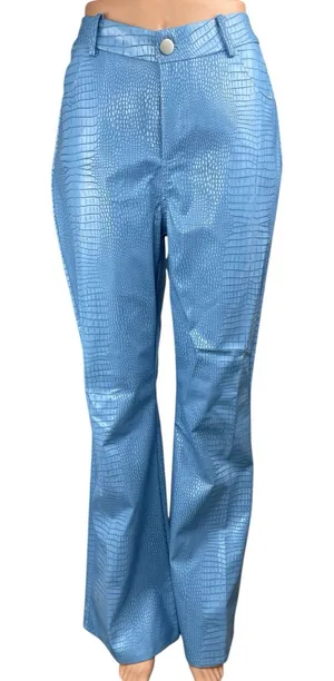 NEW Princess Polly Blue Faux Vegan Croc Leather Flare Bootcut Trousers Pants 6 thumbnail 1
