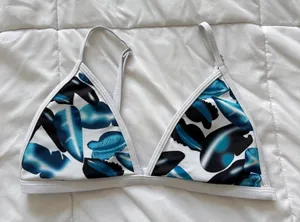 Tropical Leaf Print Triangle Bikini Top Blue White Teal Small Adjustable Straps thumbnail 1