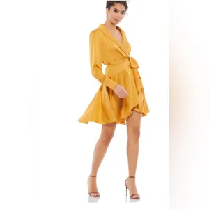 New Mac Duggal IEENA 70135 Bishop Sleeve Wrap Short Dress – Marigold - Size 8 thumbnail 2