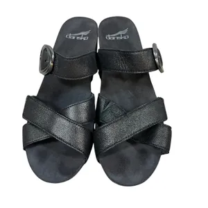 Dansko Tiffani Black‎ Metallic Leather Wedge Sandals Buckle Slide 3420820200 39 thumbnail 2