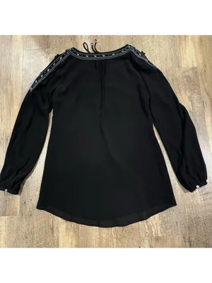 WHITE HOUSE BLACK MARKET 0 Black Embroidered Neck Tie Peasant Long Sleeve Top thumbnail 6
