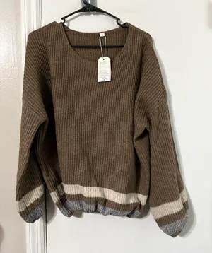 Brown and cream striped sweater with balloon sleeves size medium new thumbnail 1