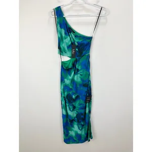 Lulus Ismerida Green Blue Abstract Mesh One Shoulder Midi Dress Party XS NWT thumbnail 6