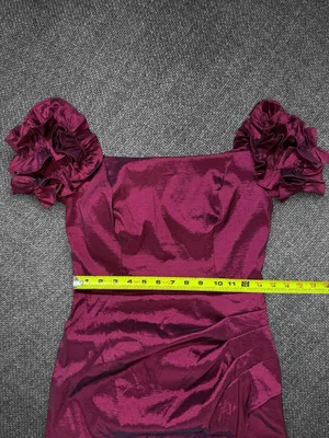 Xscape Burgundy Off Shoulder Ruffle Sleeve Ruched Formal Gown Size 10P thumbnail 6