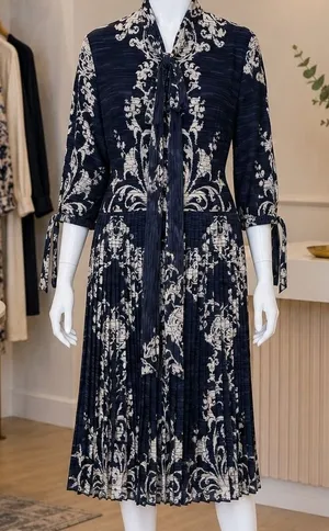 Picobell Womens Midi Dress Navy Blue Damask Pleated Tie Neck Size 42 thumbnail 1