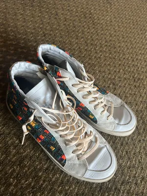 P448 Women’s White High-Top Leather Sneakers with Multicolor Woven Panels thumbnail 2