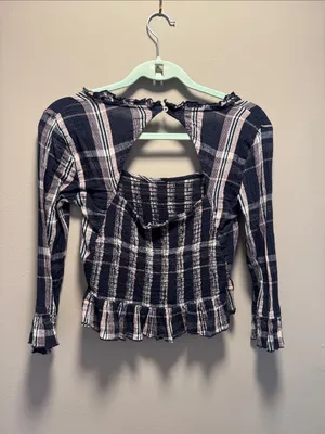 Free People Ruffle Hem Long Sleeve Crop Top - Pink & Navy thumbnail 2