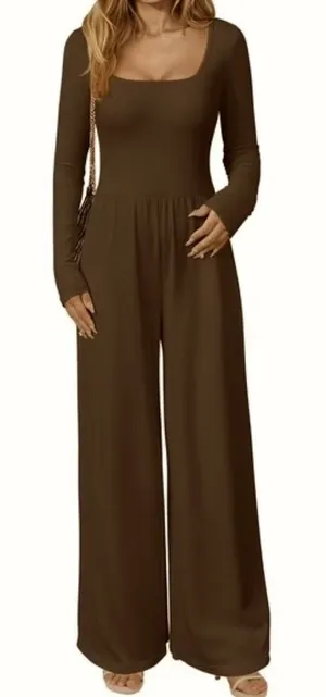NEW OQQ Long Sleeve Square Neck Wide Leg Jumpsuit Dark Brown Size Medium M thumbnail 1