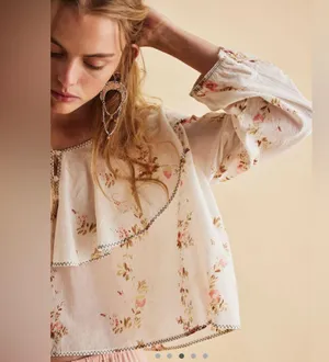 Free People Camilla Printed Blouse NWT Ivory strawberry boho Large thumbnail 3