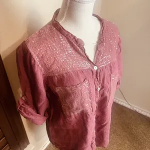 Dusty Rose 100% Linen Top Blouse made in Italy sequins roll tab sleeves camp M thumbnail 2