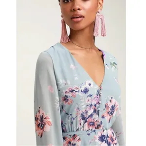 Lulus Always Yours Light Blue Floral Print Long Sleeve‎ Skater Dress SMALL thumbnail 2