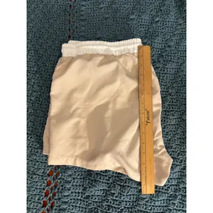 Tan Athletic Shorts with White Elastic Drawstring Waistband and Pockets thumbnail 2