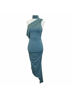 Oh Polly Sea Green One Shoulder Ruched Midi Dress | High Neck | US 2 thumbnail 3