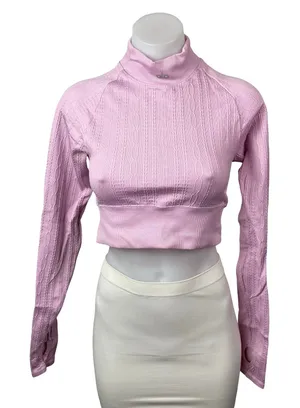 Alo Yoga Seamless Pink Cable Knit Mock Neck Long Sleeve Athletic Crop Top Sz S thumbnail 1