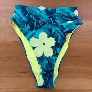 Aerie High Cut Cheeky Bikini Bottom Teal Tropical Floral Ribbed Small thumbnail 1
