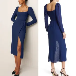 NWT REFORMATION Navy Blue Theo Wrap Sweetheart Long Puff Sleeve Midi Dress sz 2 thumbnail 2