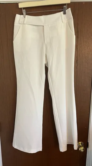 White Women's Dress Pants with Button Waist Detail thumbnail 1