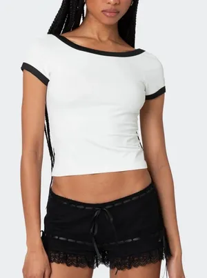 Women's White Crop Top with Black Trim - Modern Contrast Tee thumbnail 1