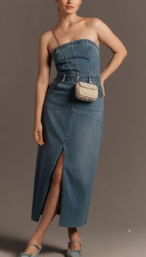 Pilcro Anthropologie‎ $158 The Madi Front Slit Denim Strapless Dress Western Y2K thumbnail 1