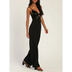Lulus Fit the Fashion Black Sleeveless Vegan Leather Wide-Leg Jumpsuit Medium thumbnail 3