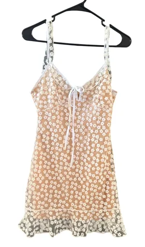 Floral Lace Cami Mini Dress White Tan‎ Ruffle Hem Tie Front Cottage Small thumbnail 1