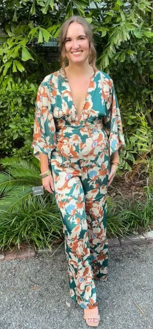 Lulu’s Teal Floral Print Bell Sleeve Wide-Leg Jumpsuit thumbnail 3