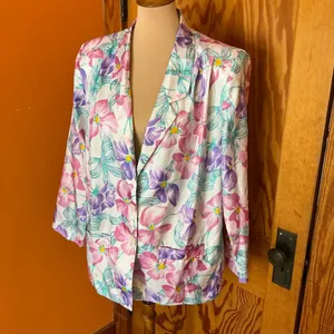 Vintage 80s 90s Floral Blazer Pastel Pink Purple Teal Lightweight Jacket Retro thumbnail 4