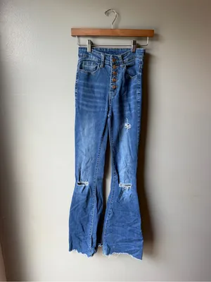 High Rise Button Fly Flare Jeans Distressed Bell Bottom Y2K thumbnail 2