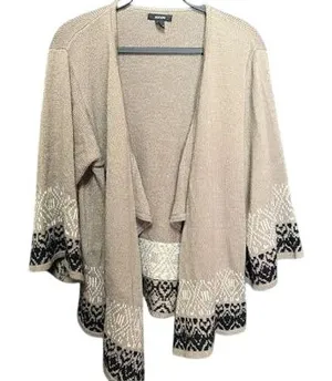Womens Cardigan Sweater‎ Knit Open Front Beige Black Patterned Bohemian Style thumbnail 1