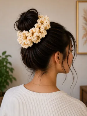 Handmade Crochet Hair Scrunchie Cream Ivory Soft Ruffled Elastic Hair Tie thumbnail 1