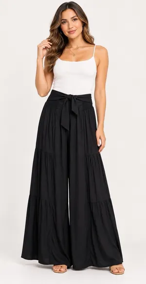 Patrons of Peace Womens S Black Wide Leg Palazzo Pants Tie Waist Boho Rayon thumbnail 1