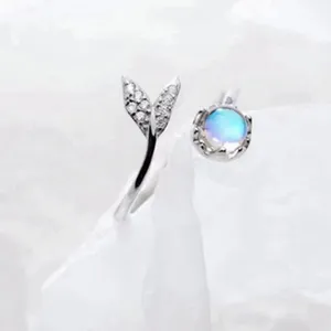 925 Silver Plated Adjustable Moonstone Fishtail Ring for Women thumbnail 2