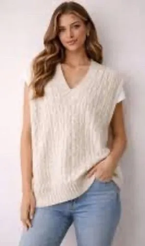 Anthropologie Ivory Cable Knit V-Neck Oversized Sweater Vest XL OB1672771 thumbnail 1