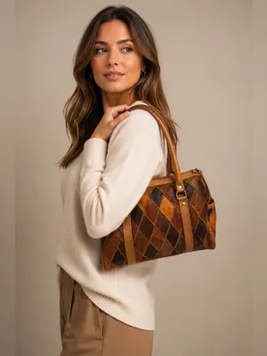 VTG Genuine Leather Patchwork Satchel Brown Multi-Tone Zip Top Western Purse thumbnail 2