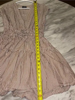 Nicole Miller Brown White Striped V-Neck Tiered Romper Dress Cap Sleeve Smocked thumbnail 4