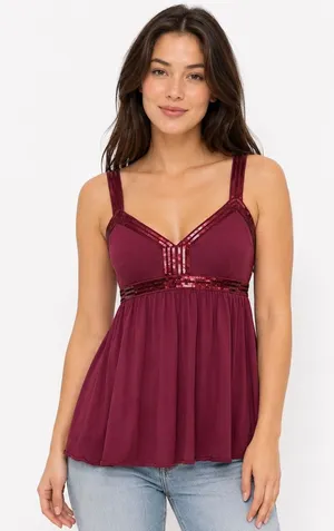 Express Camisole Medium Burgundy Sequin Empire Waist Babydoll Tank Top thumbnail 1