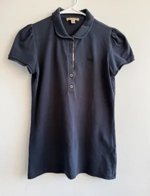 Burberry Brit Womens Navy Blue Puff Sleeve Polo‎ Shirt Peter Pan Collar Size S thumbnail 1