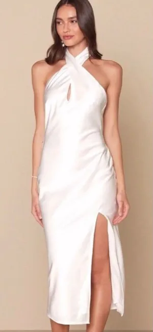 Lulus Beyond Classy White Satin Halter Midi Dress Size Large Bridal Bachelorette thumbnail 1