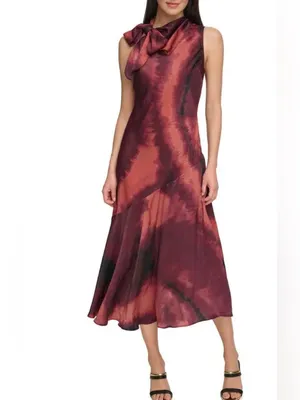 DKNY Sleeveless Tie-Neck Midi Dress in Burgundy and Coral Wash thumbnail 4