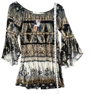 Parker Mini‎ Dress XS Black Gray Tan Gold Abstract Stretch Bell Sleeve Boho Chic thumbnail 9