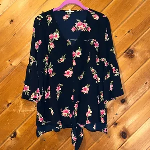 Pleione Dark navy blue and pink floral tie front flare sleeve blouse thumbnail 1