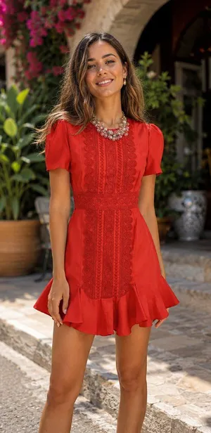 C/meo Collective Pronounce Short Sleeve Mini Dress in Red with Lace Embroidery thumbnail 1