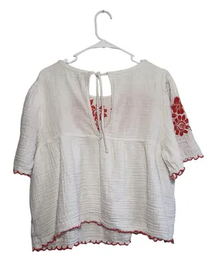 Old Navy Embroidered Crinkle Gauze Boho Peasant Top Orange Floral Scallop XL thumbnail 3
