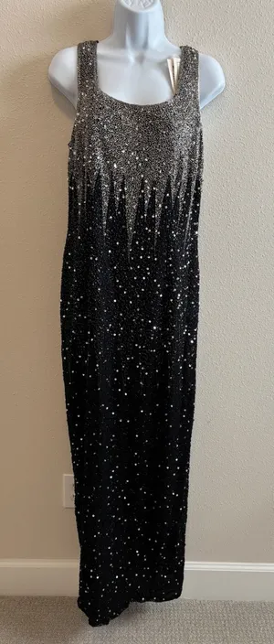 NWT Vintage Stenay Beaded Maxi Dress 14 Black Silver Sequin Silk Evening Gown thumbnail 1